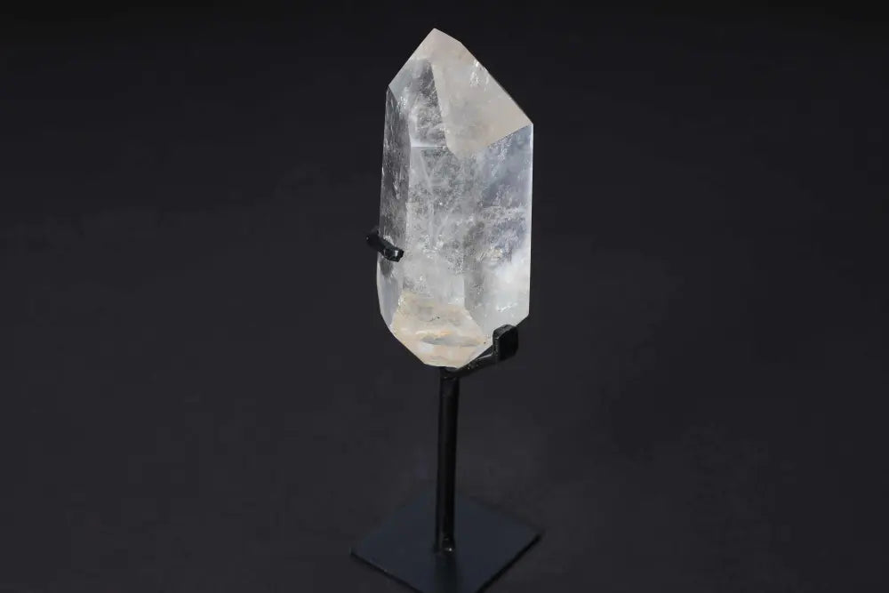 Semi-Polished Clear Quartz Point on Modern Stand for Energy Amplification and Meditation