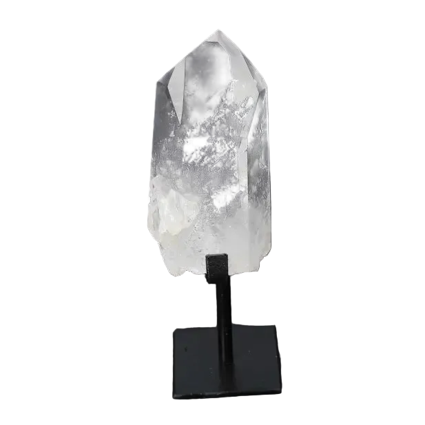 Semi polished clear quartz point with stand for energy clarity and alignment on a black background.