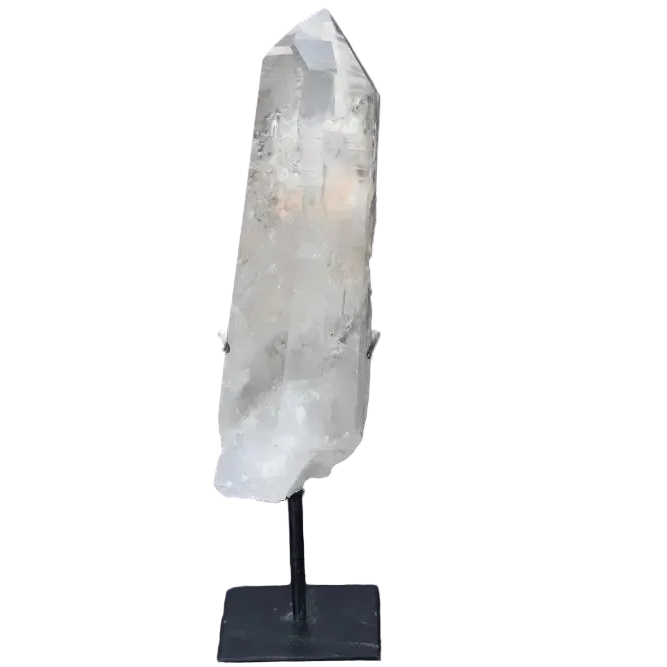 Semi Polished Clear Quartz Point with Stand, amplifies energy and clarity, elegant centerpiece for meditation and energy work.