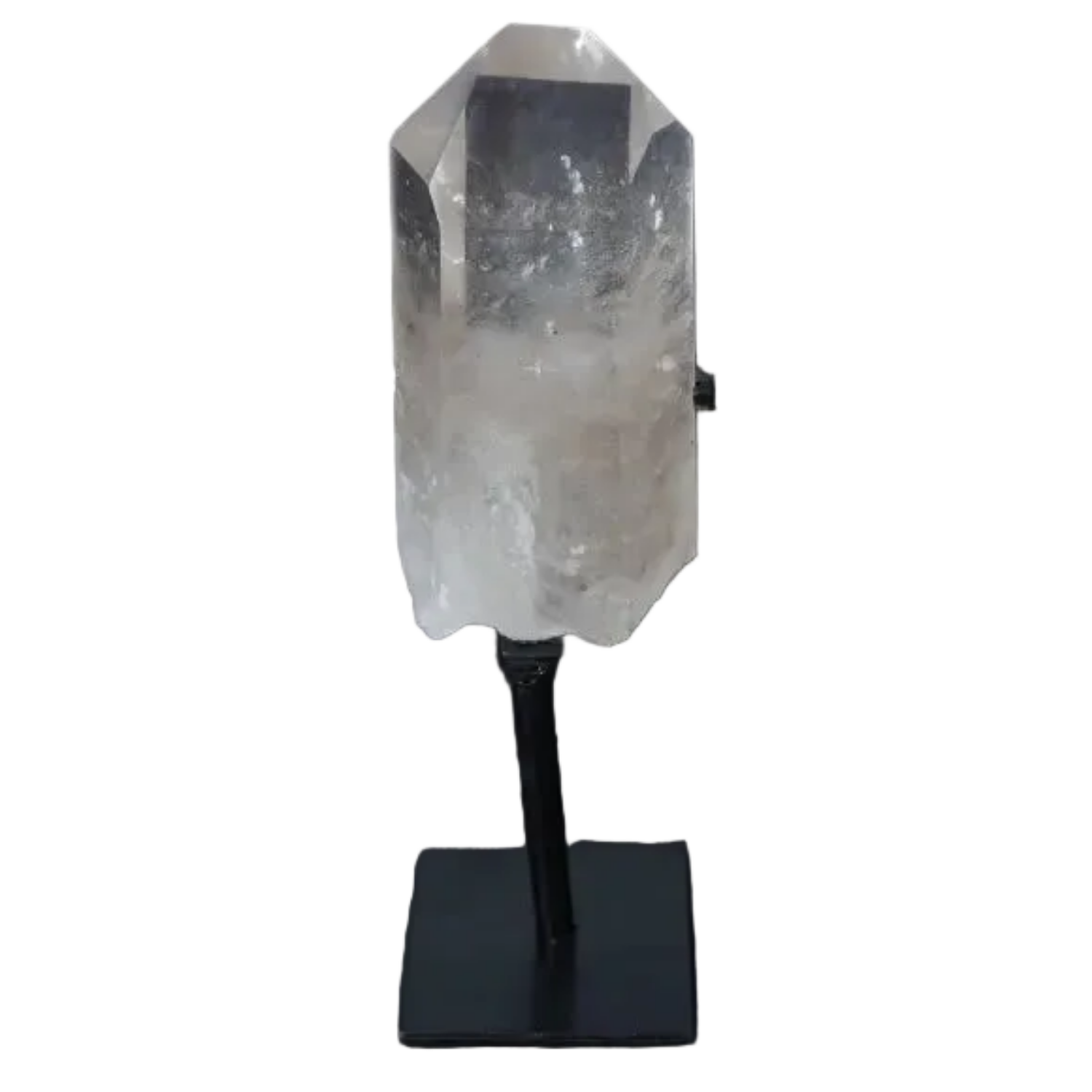 Semi-polished smoky quartz point on stand, showcasing earthy tones and raw edges, ideal for decor and grounding energy.