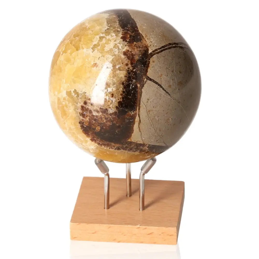 Septarian Sphere on stand showcasing its unique dragon stone patterns and multidimensional properties.