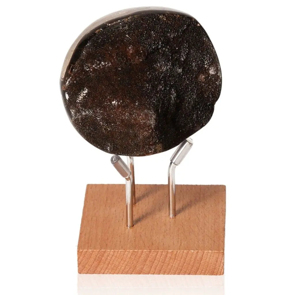 Septarian Dragon Stone mineral on wooden stand, showcasing unique appearance and symbolism of power and endurance.