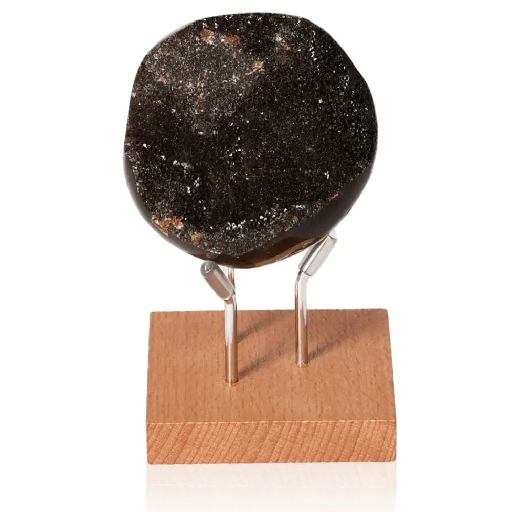 Round septarian stone on a wooden stand, showcasing unique textures and colors, symbolizing power and endurance.