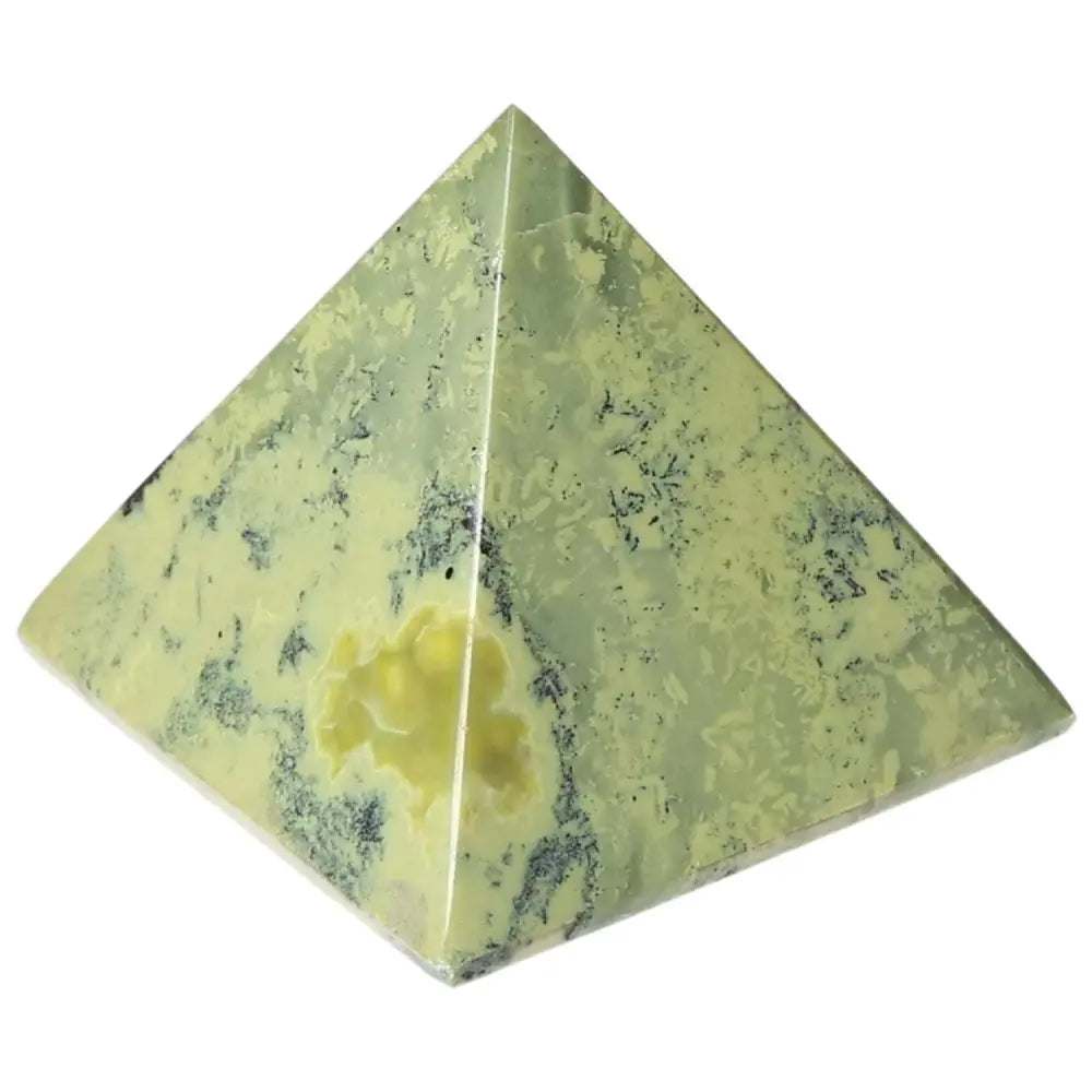 Serpentine pyramid for healing and spiritual wisdom, activates Heart Chakra, enhances meditation, emotional balance, and nature connection.
