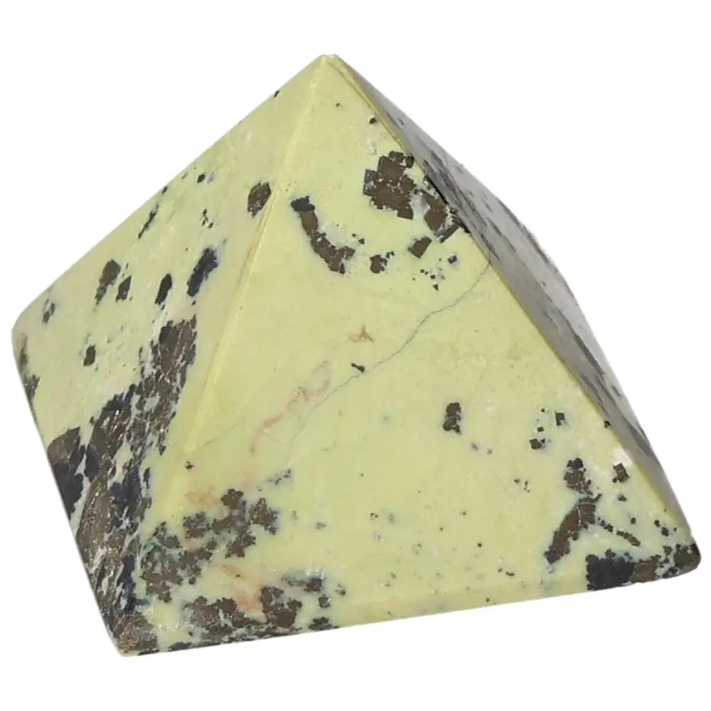 Serpentine pyramide stone for spiritual wisdom and healing, activates Heart Chakra, ideal for meditation and emotional balance.