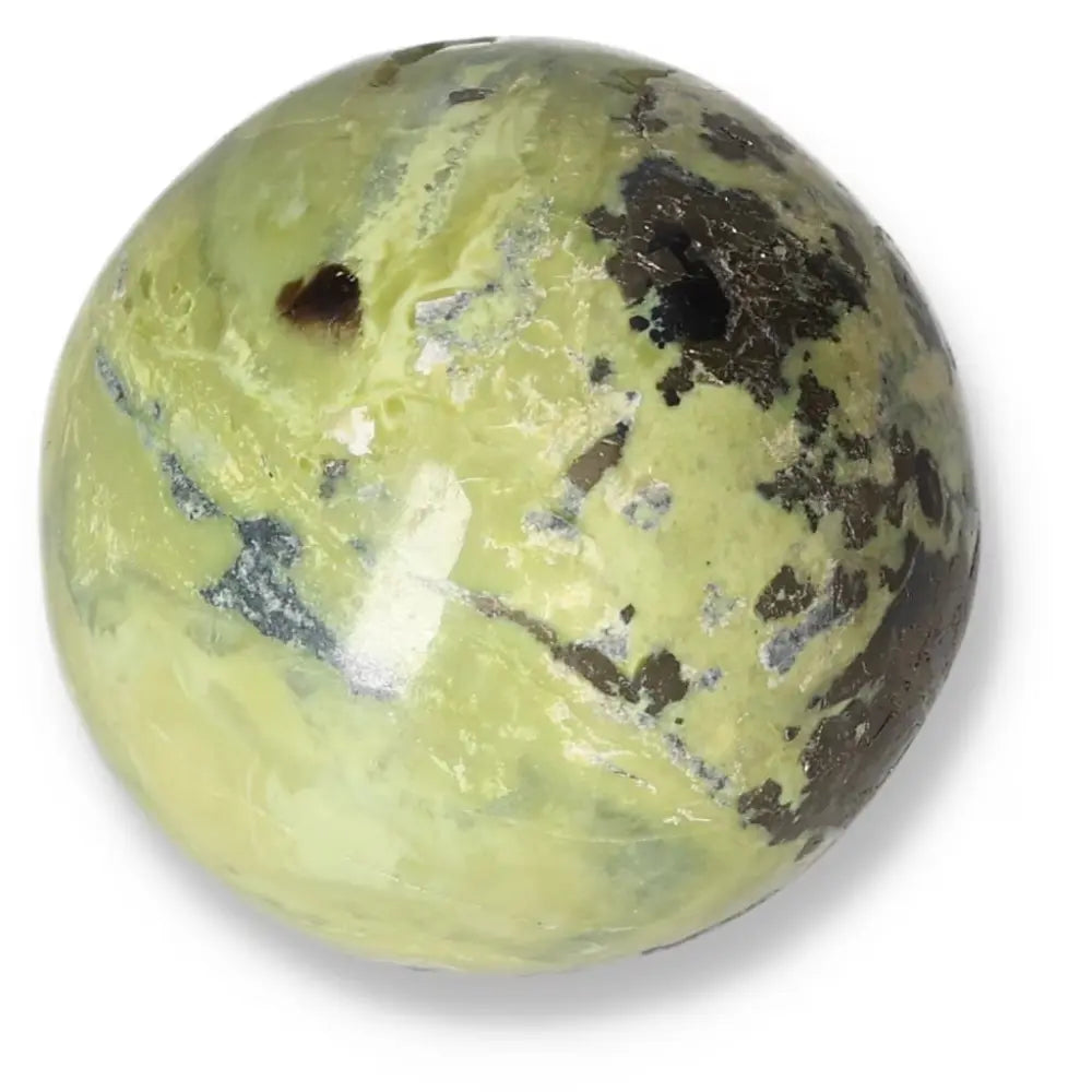 Serpentine sphere for meditation, heart chakra activation, and emotional healing, promoting spiritual growth and transformation.