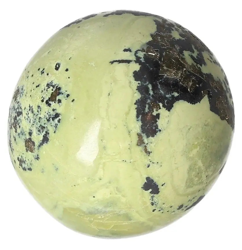 Serpentine sphere for spiritual healing, meditation, and Heart Chakra activation with earthy tones promoting emotional balance.