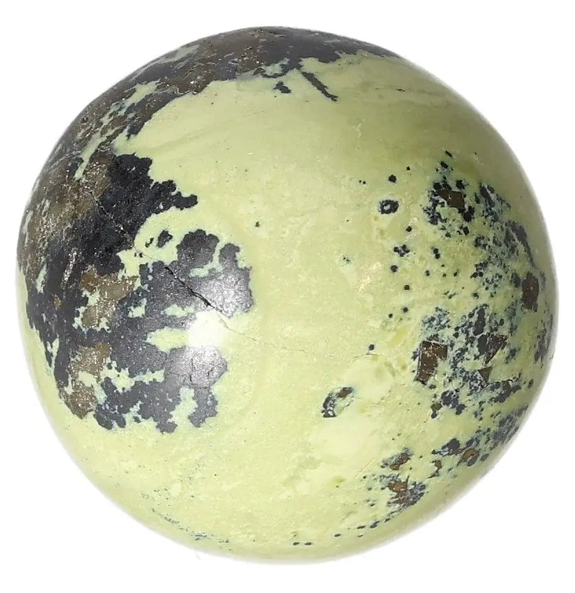 Polished serpentine sphere for spiritual healing and meditation, activating the Heart Chakra and enhancing emotional balance.
