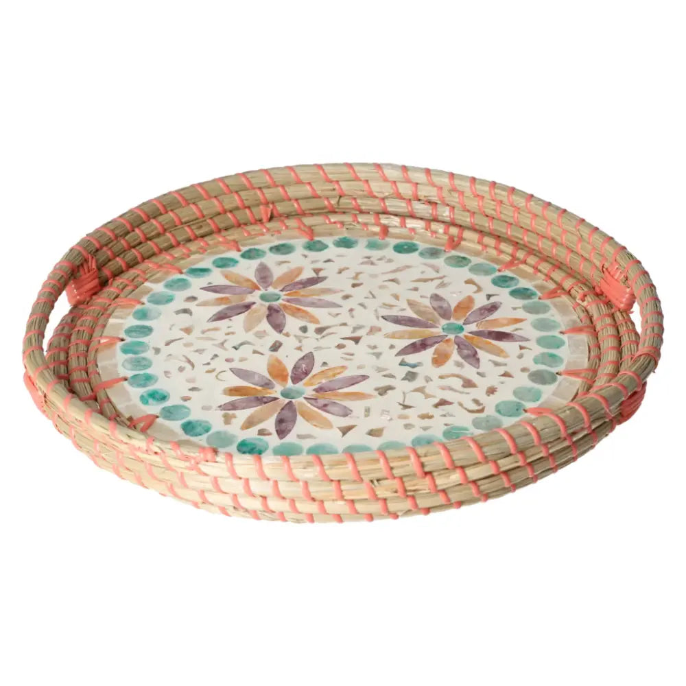 Elegant Capiz multi-colored serving tray with intricate mosaic floral design, embodying luxury and conscious living from Sylvia Crystals.