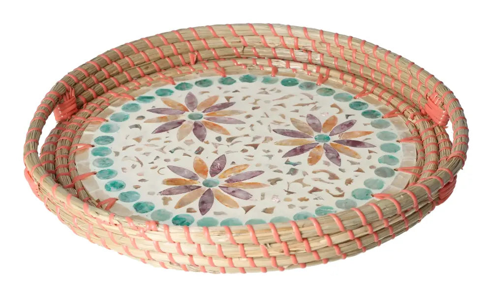 Sylvia Crystals Serving Tray Capiz Multi with elegant floral design and woven rim, perfect for luxury serving and decor.