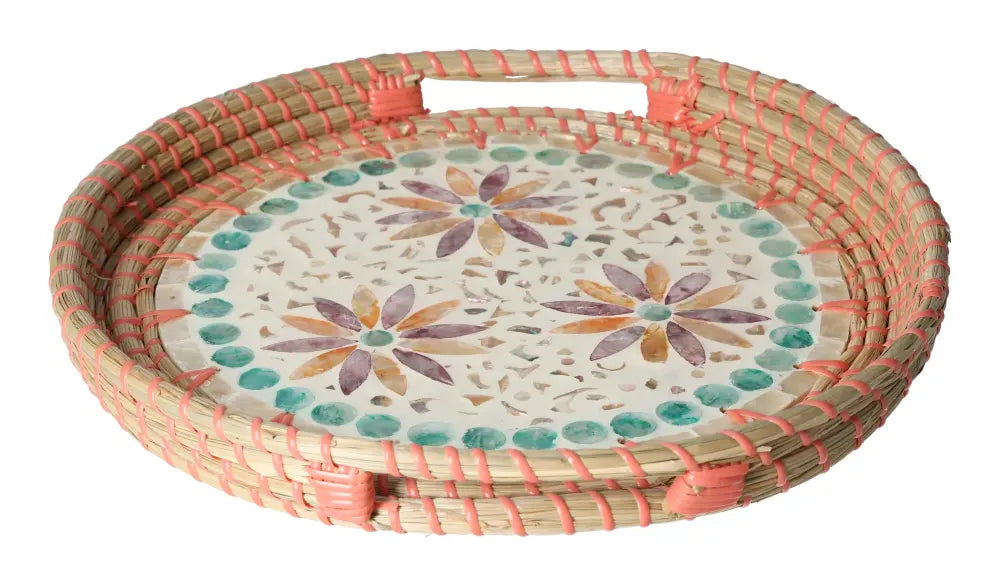 Elegant Sylvia Crystals Serving Tray Capiz Multi with floral design, embodying luxury and spiritual harmony.