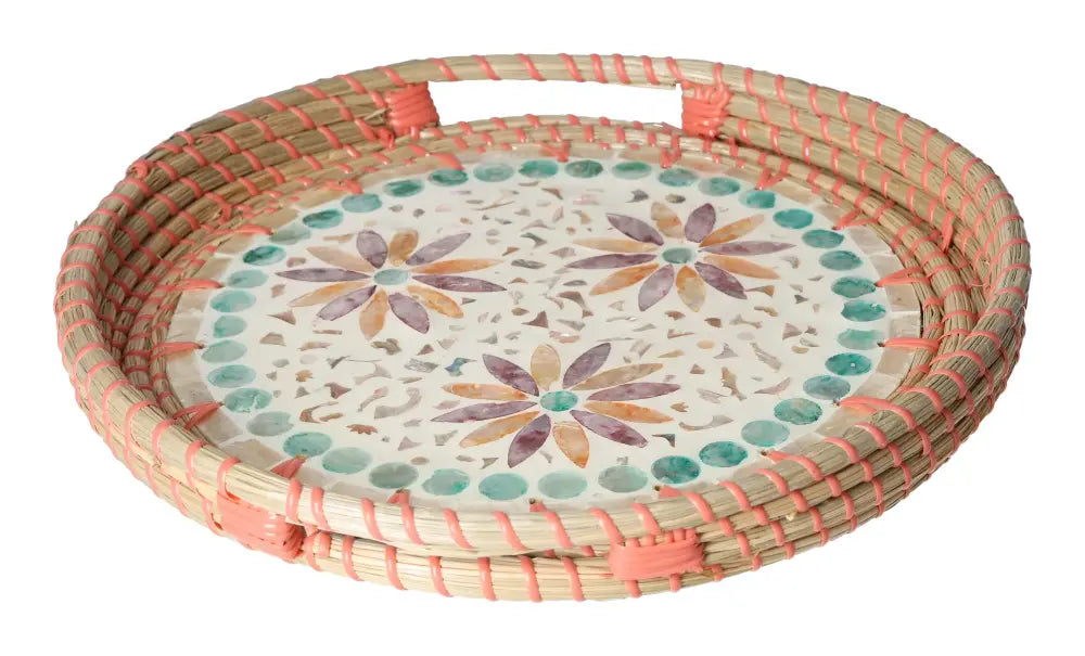 Sylvia Crystals Serving Tray Capiz Multi with intricate floral design, showcasing elegance and luxury in conscious living.