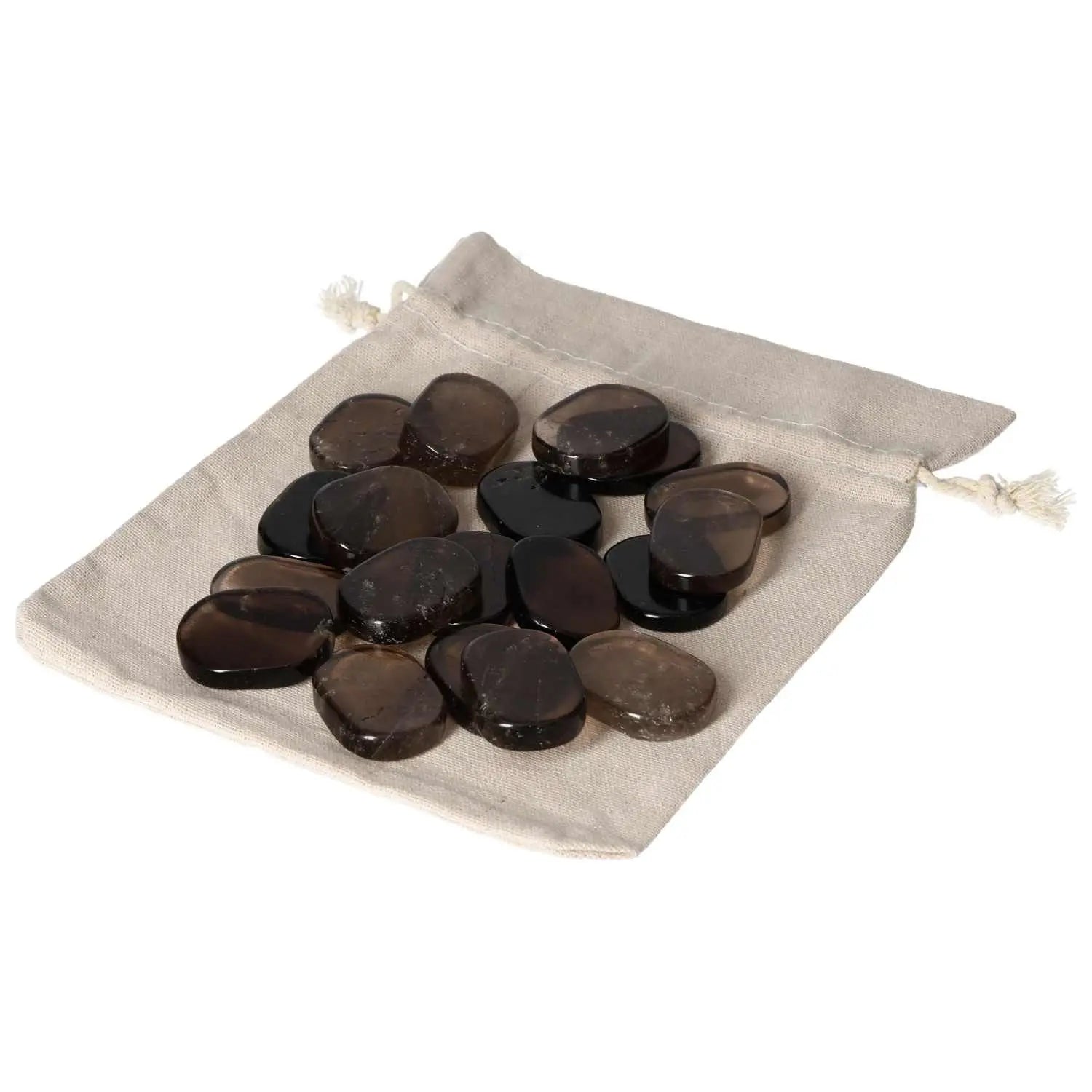 Collection of smoky quartz thumb massagers on a cloth bag, showcasing their natural grounding properties for stress relief.