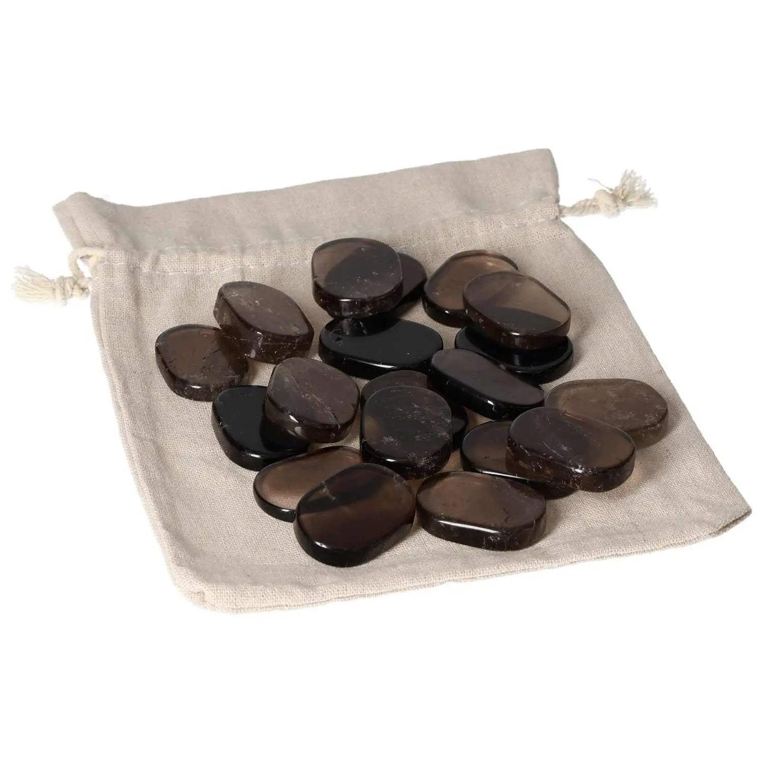 Smoky Quartz Antistress Thumb Massagers on canvas pouch, promoting tranquility and spiritual well-being with grounding properties.