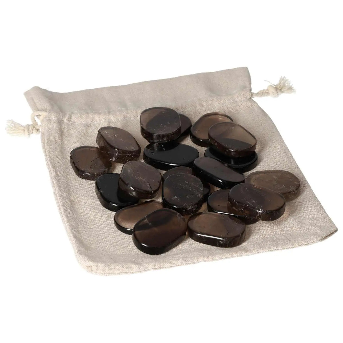 Smoky Quartz Antistress Thumb Massagers on canvas pouch, promoting tranquility and spiritual well-being with grounding properties.