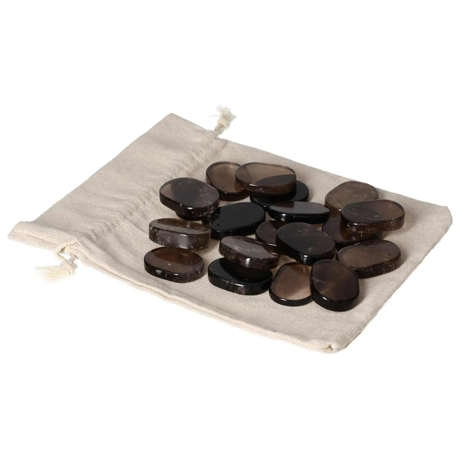Smoky Quartz Antistress Thumb Massager stones on a beige pouch, offering stress relief and spiritual enhancement from Sylvia Crystals.