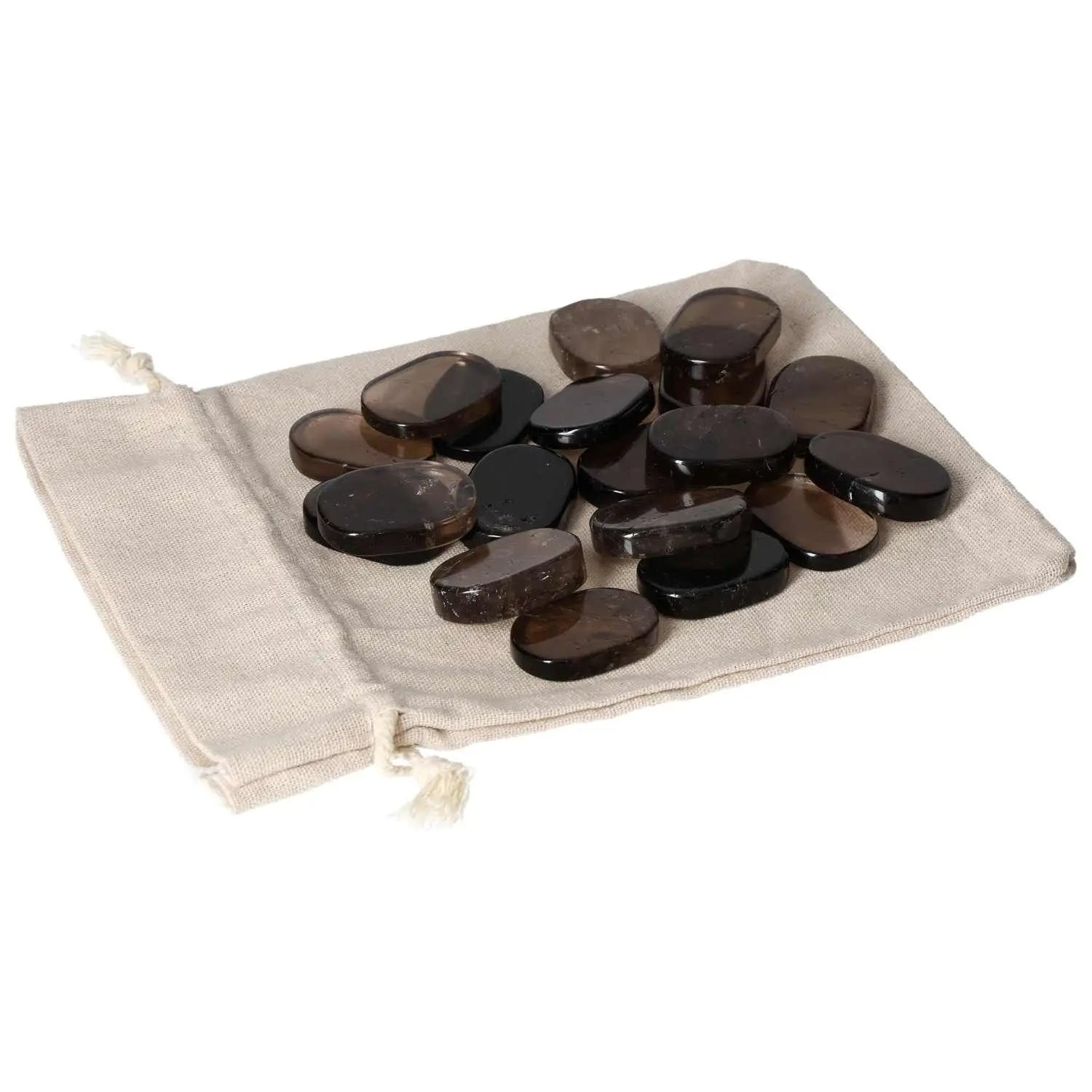Assortment of smoky quartz stones on cloth pouch for stress relief and spiritual enhancement.