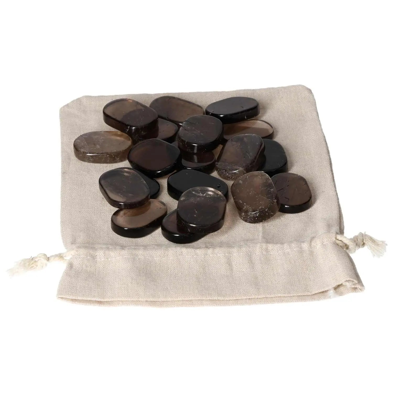 Smoky Quartz Antistress Thumb Massager stones on a fabric pouch by Sylvia Crystals, promoting relaxation and spiritual well-being.