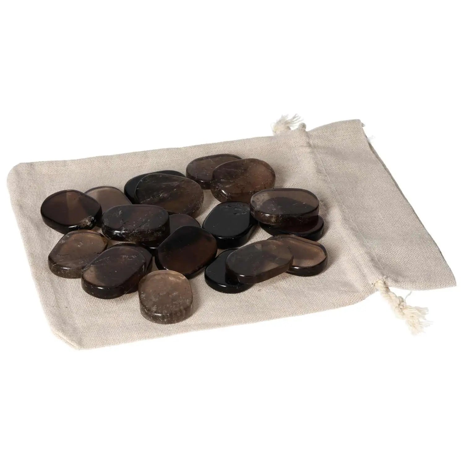 Smoky Quartz Antistress Thumb Massagers on a linen pouch, providing grounding and stress relief from Sylvia Crystals.