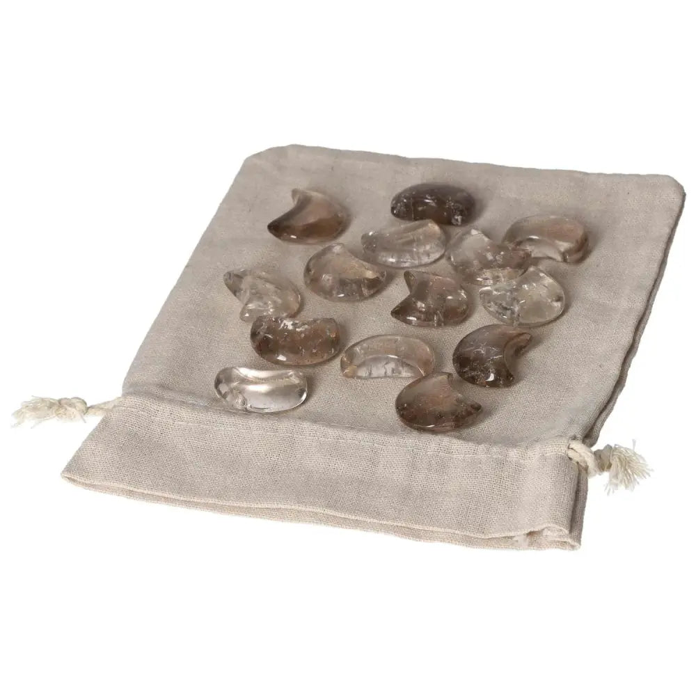 Smoky Quartz Small Moon stones on fabric bag, ideal for grounding, decision-making, and releasing negativity. Perfect for business professionals.