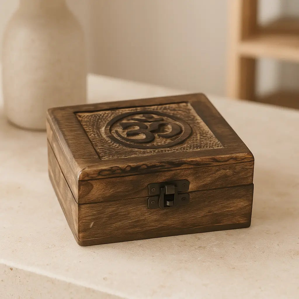 Square Wooden Keepsake Box with Om Symbol – Spiritual Serenity and Timeless Storage Sylvia Crystals Sp. z o.o.