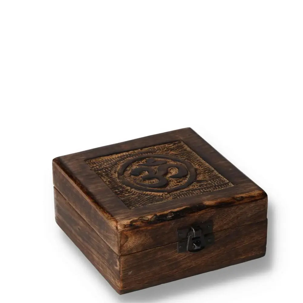 Square wooden keepsake box with Om symbol, measuring 13x13x6cm. Perfect for storing small items or as a decorative piece.