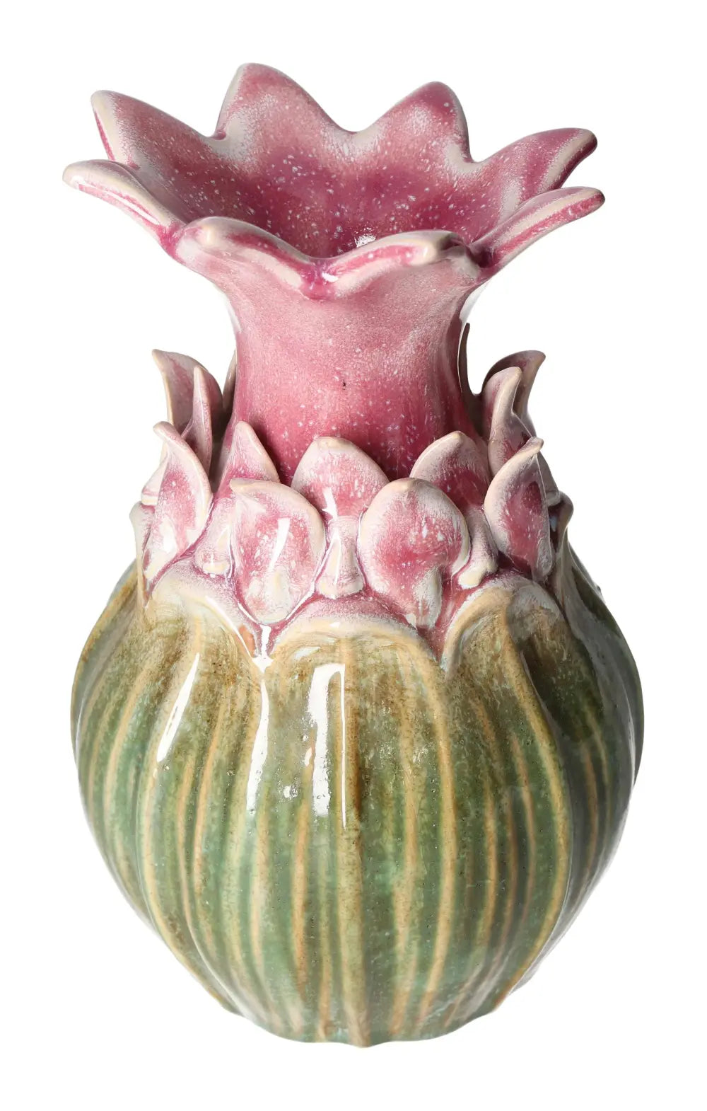 Handcrafted pink stoneware vase with green base, 13x13x21.5, from Sylvia Crystals, combining elegance and conscious design.