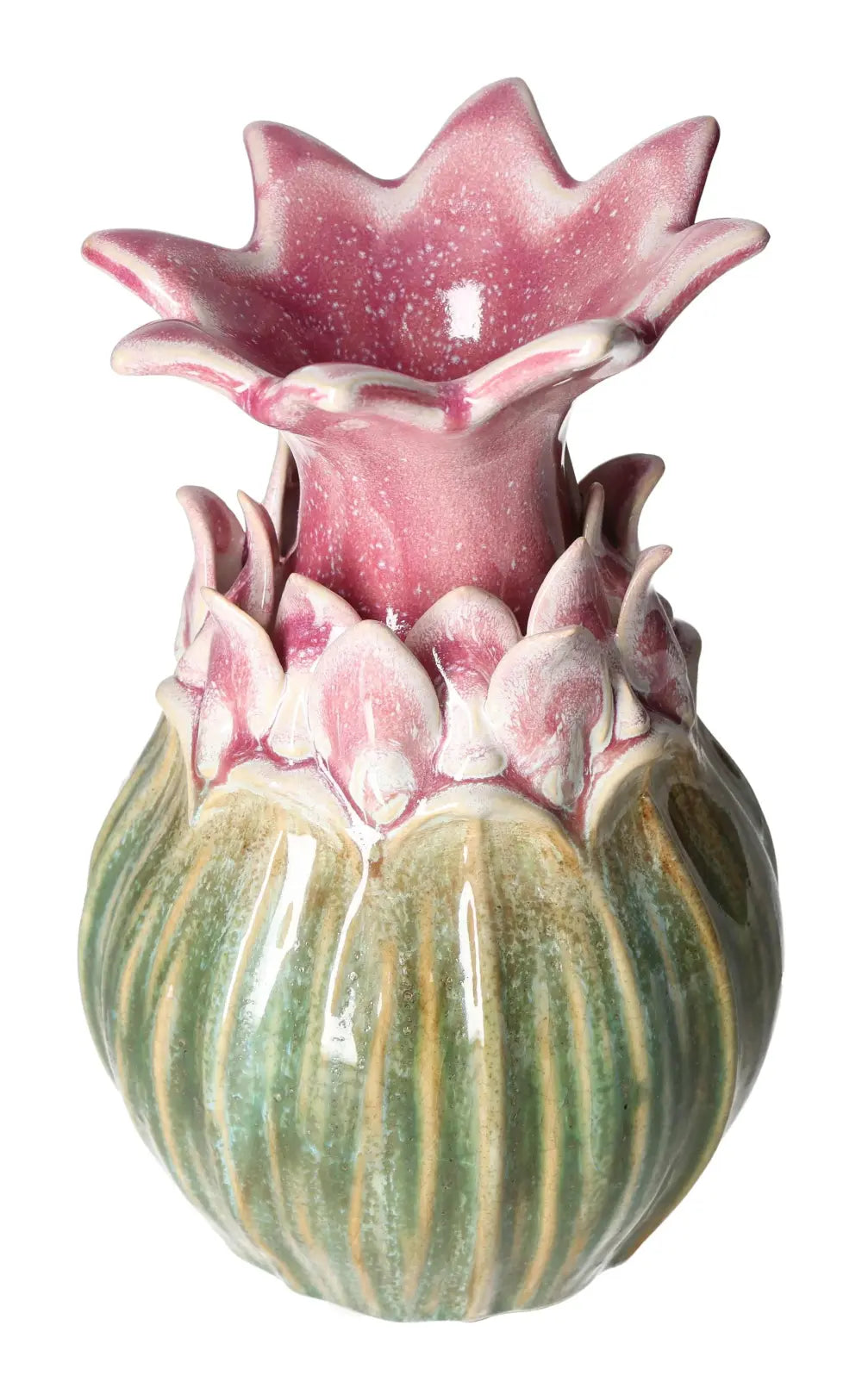 Exquisite pink and green stoneware vase with floral design, embodying elegance and sophistication. Size: 13x13x21.5. Ideal for decor.