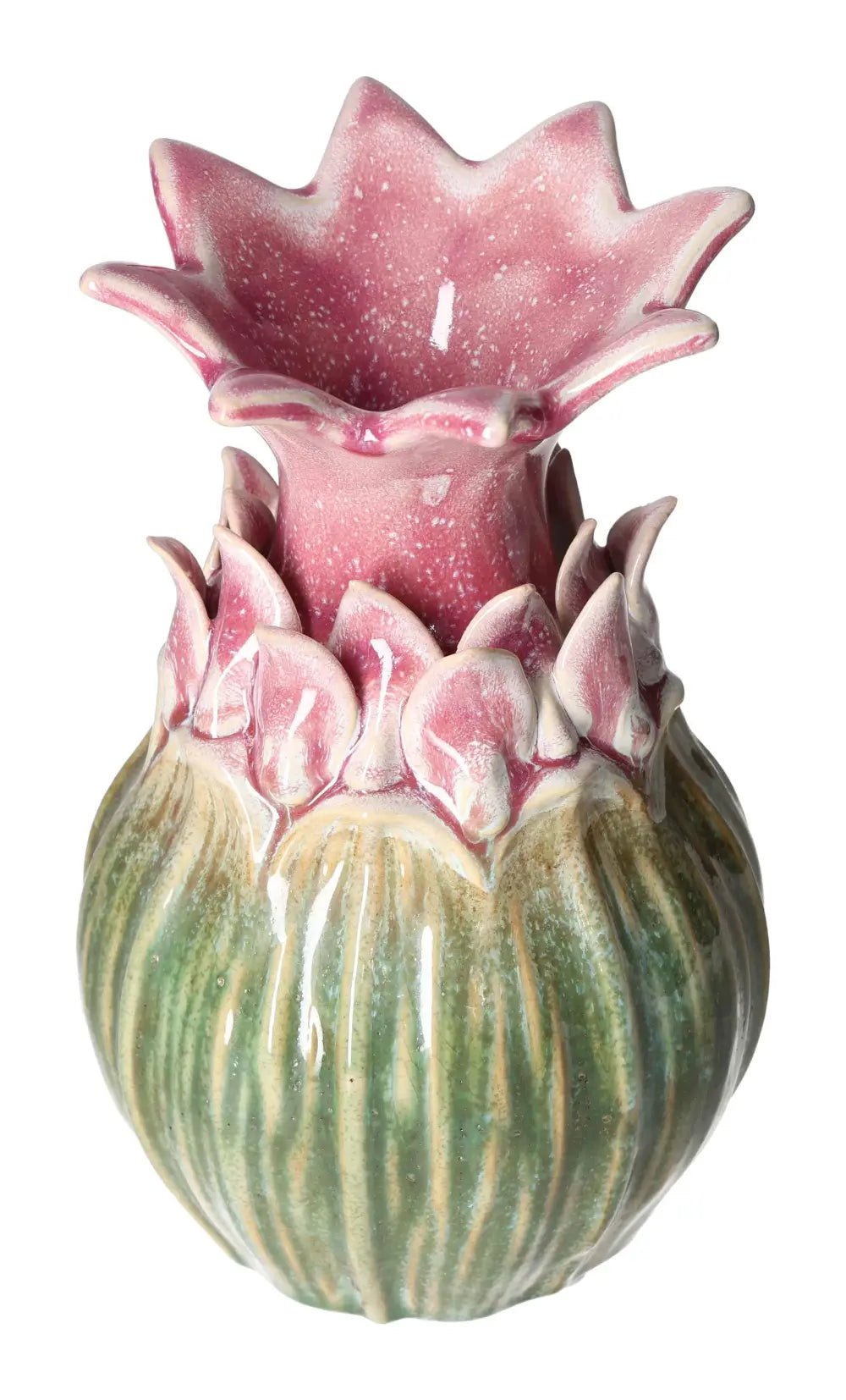 Elegant pink stoneware vase with a unique floral design, embodying Sylvia Crystals' luxury and mindful living ethos.
