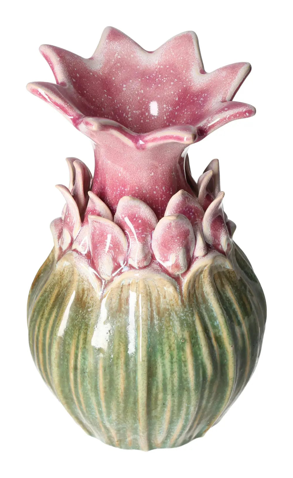 Elegant pink and green stoneware vase with floral design, embodying luxury and spiritual tranquility.