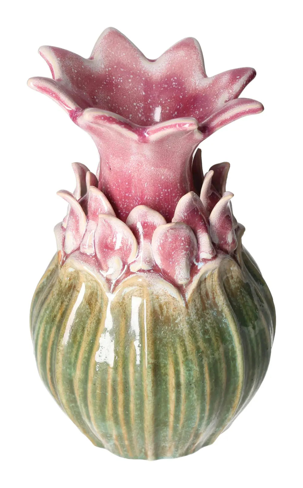 Luxurious pink and green stoneware vase from Sylvia Crystals, featuring elegant floral design, size 13x13x21.5 cm.