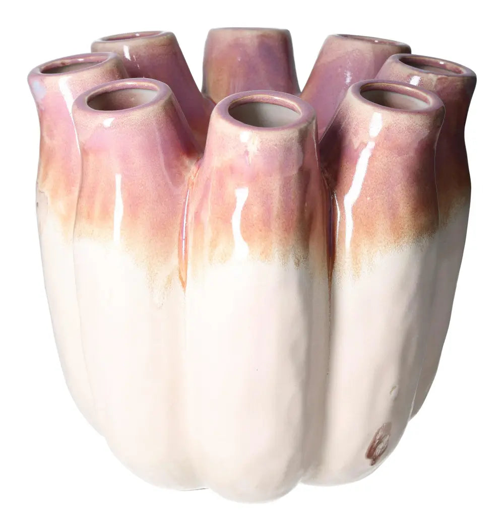 Purple stoneware vase by Sylvia Crystals, measuring 29x29x28 cm, featuring a unique design that combines elegance and spirituality.