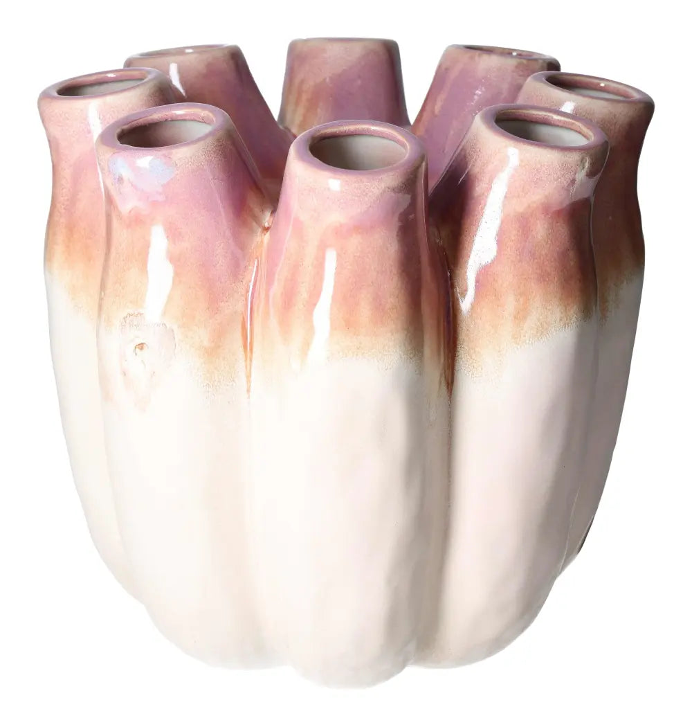 Elegant purple stoneware vase by Sylvia Crystals, 29x29x28 cm, showcasing a unique design with multiple openings and glossy finish.