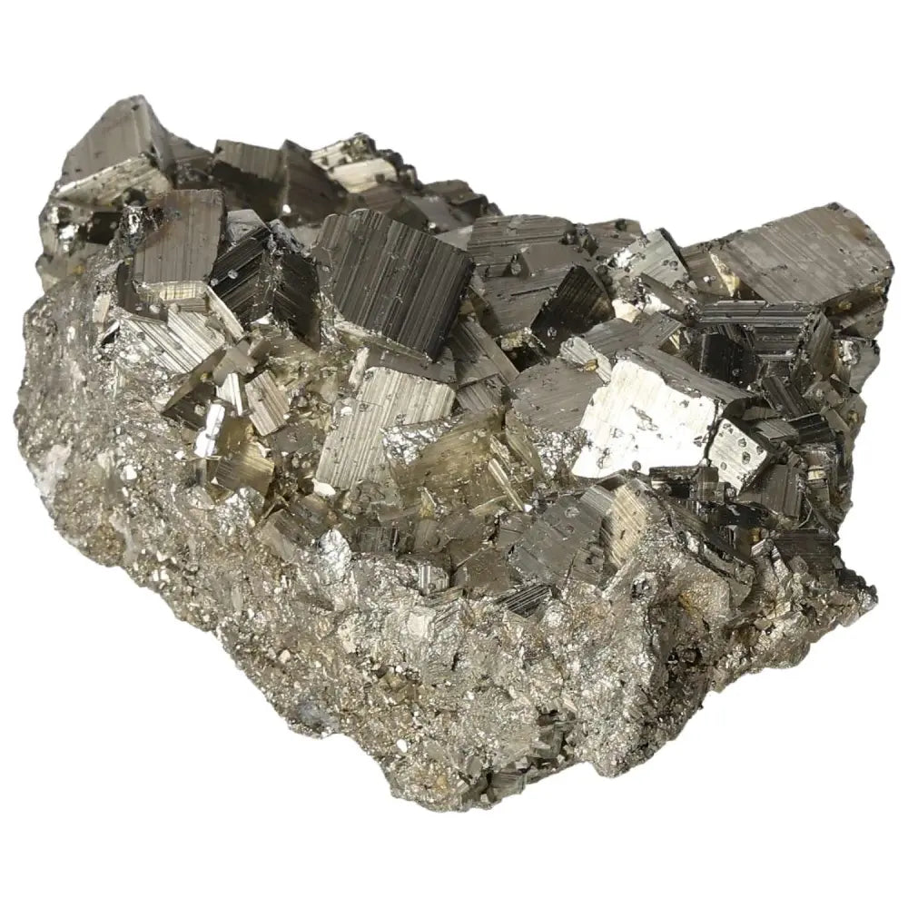 Superior quality pyrite cluster displaying natural cubic geometric forms and metallic luster, showcasing elegance in a sculptural form.