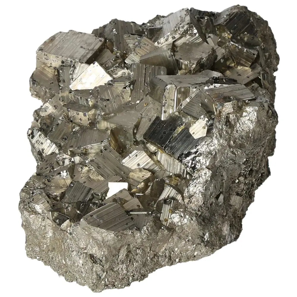 Superior quality pyrite cluster with cubic formations showcasing metallic luster, perfect for collectors and enthusiasts.
