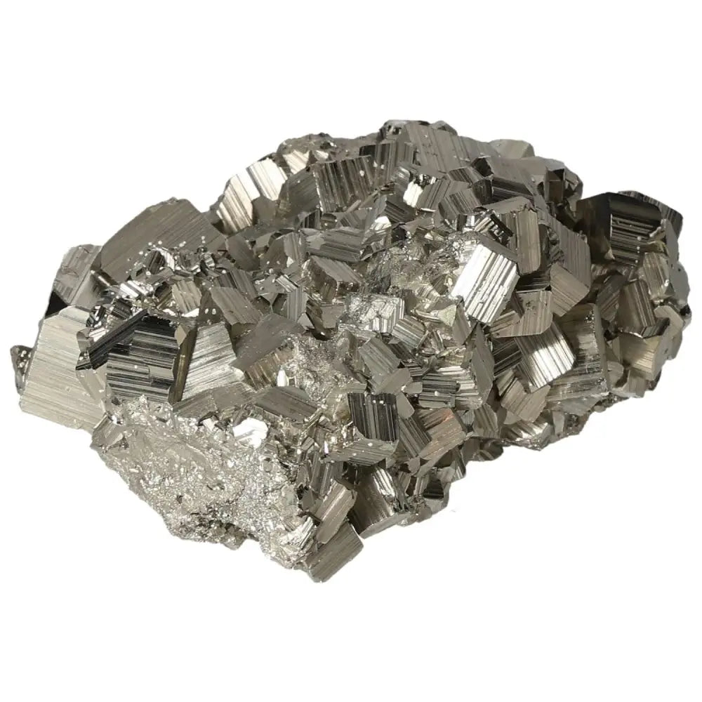 Superior quality pyrite cluster with metallic luster and geometric formations, showcasing intricate natural cubic structures.