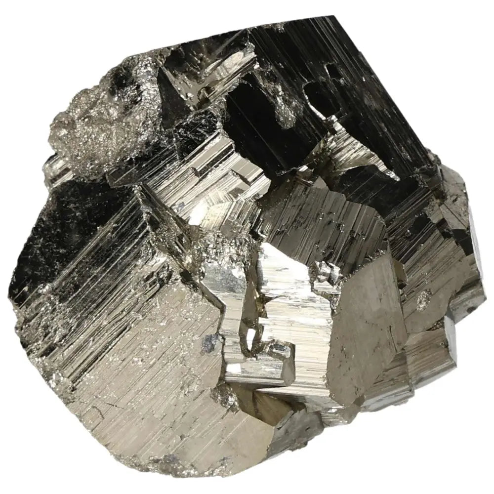 Superior Quality Pyrite Cluster displaying geometric formations and metallic luster.