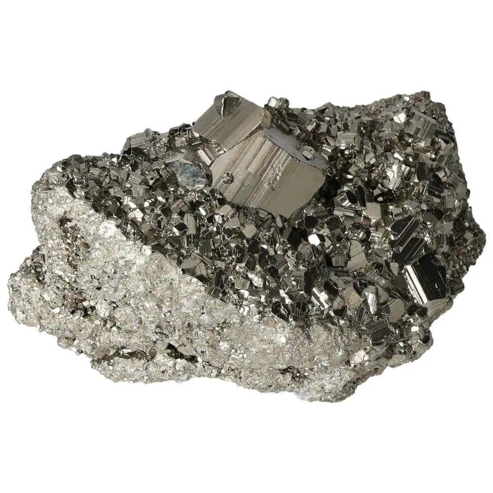 Superior Quality Pyrite Cluster featuring natural cubic formations and metallic luster, showcasing geometric brilliance in its natural form.