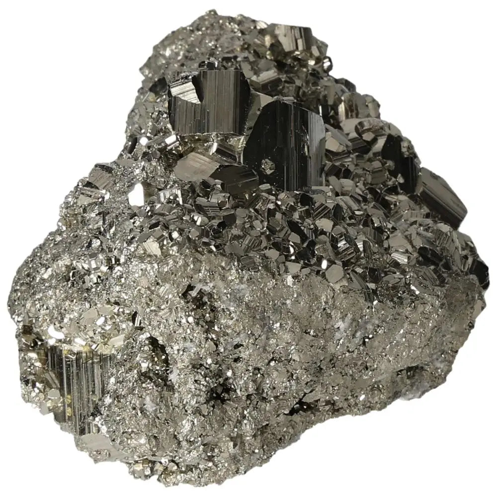 Superior Quality Pyrite Cluster with natural geometric formations, showcasing shimmering metallic luster and intricate cubic details.