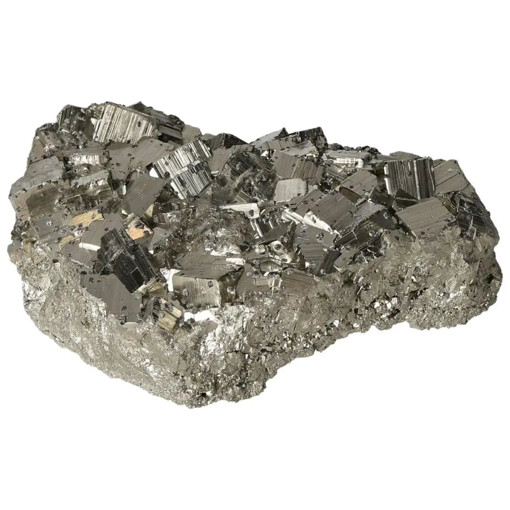 Superior quality pyrite cluster with geometric formations and metallic luster, showcasing natural brilliance in sculptural detail.