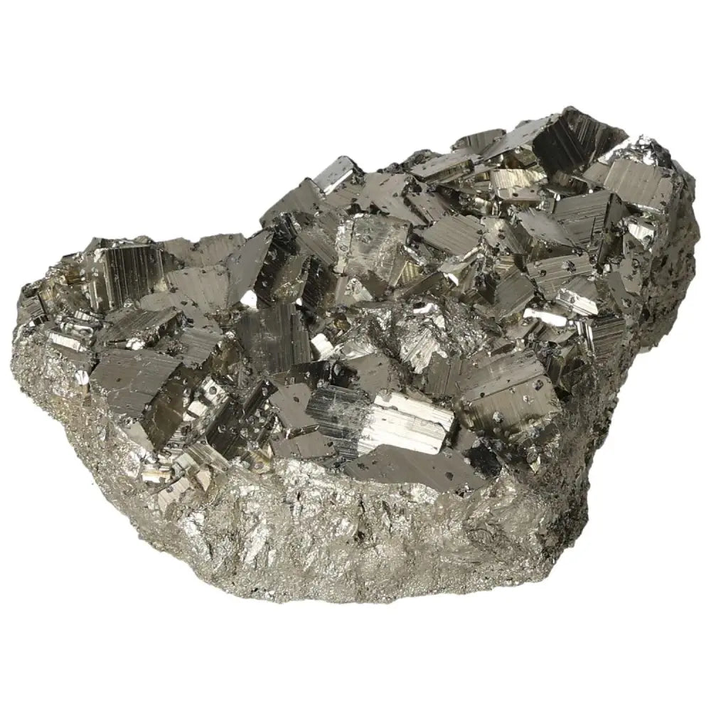 Superior quality pyrite cluster with natural cubic formations and metallic luster, showcasing geometric brilliance.