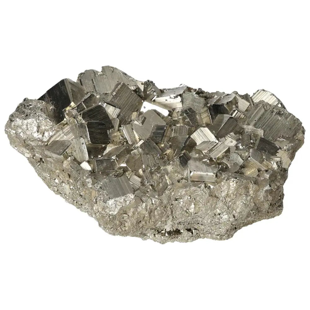 Superior quality pyrite cluster with geometric formations and metallic luster, sourced from premium natural deposits.