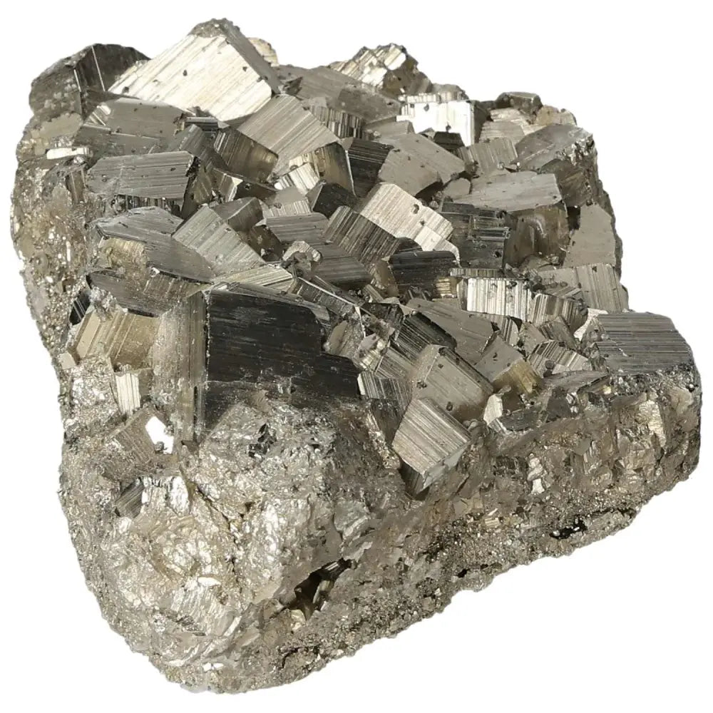 Superior quality pyrite cluster with natural cubic formations and metallic luster.