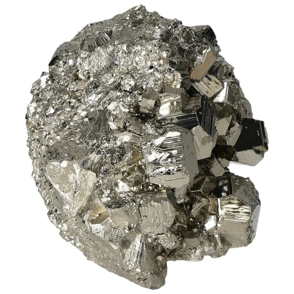 Superior quality pyrite cluster with geometric cubic formations and metallic luster.