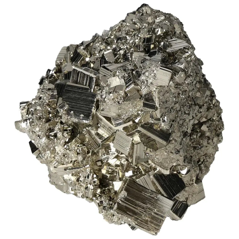 Superior quality pyrite cluster with geometric formations and metallic luster, showcasing nature's artistry in a shimmering display.