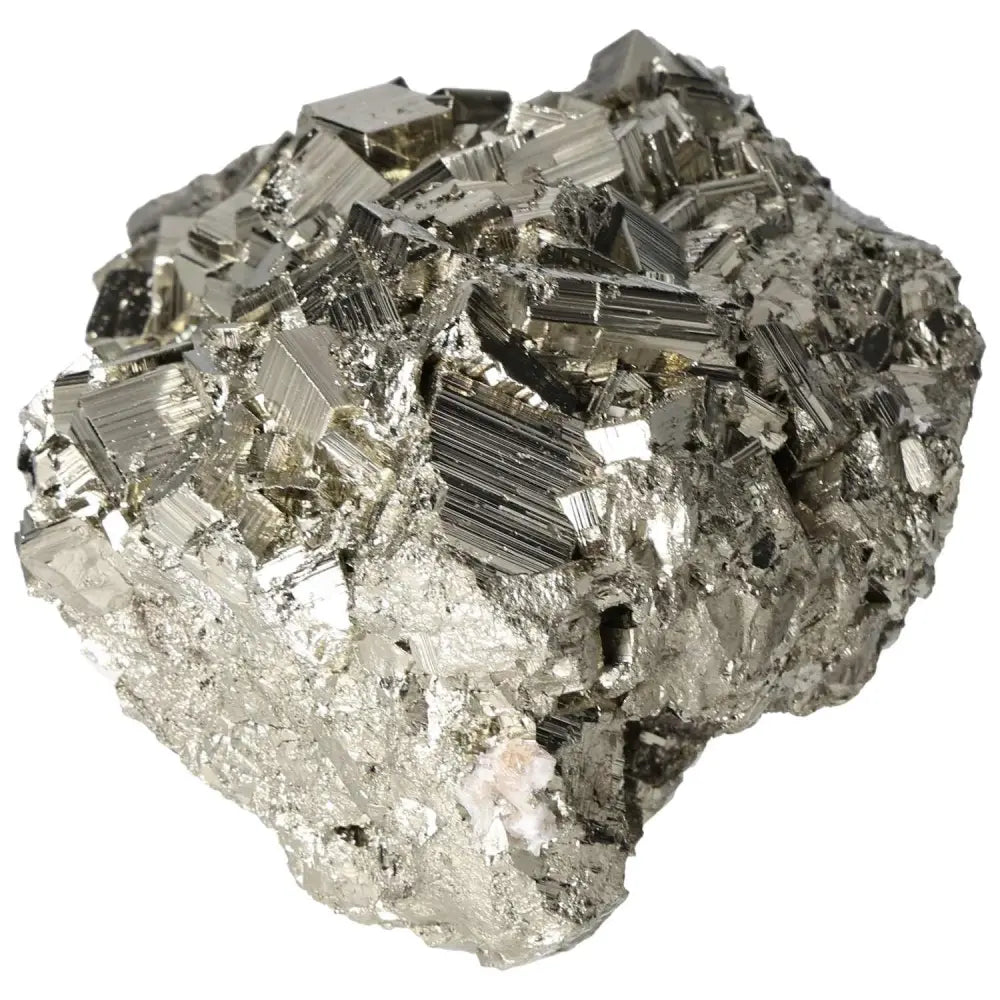 Superior quality pyrite cluster showcasing metallic luster with geometric cubic formations, capturing natural elegance and intricate detail.