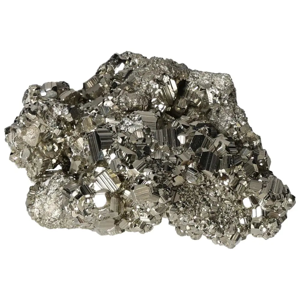 Superior quality pyrite cluster with geometric metallic formations and natural cubic brilliance.