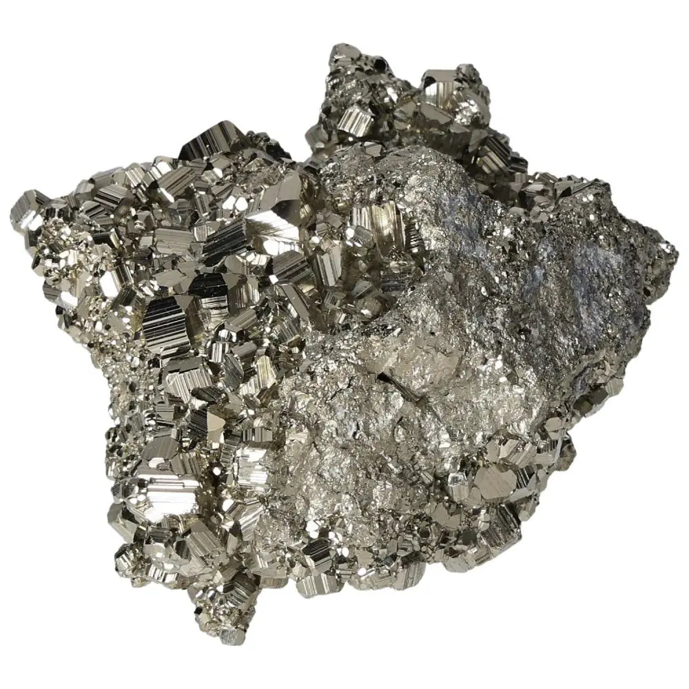Superior quality pyrite cluster with geometric cubic formations showcasing metallic luster and intricate natural detail.
