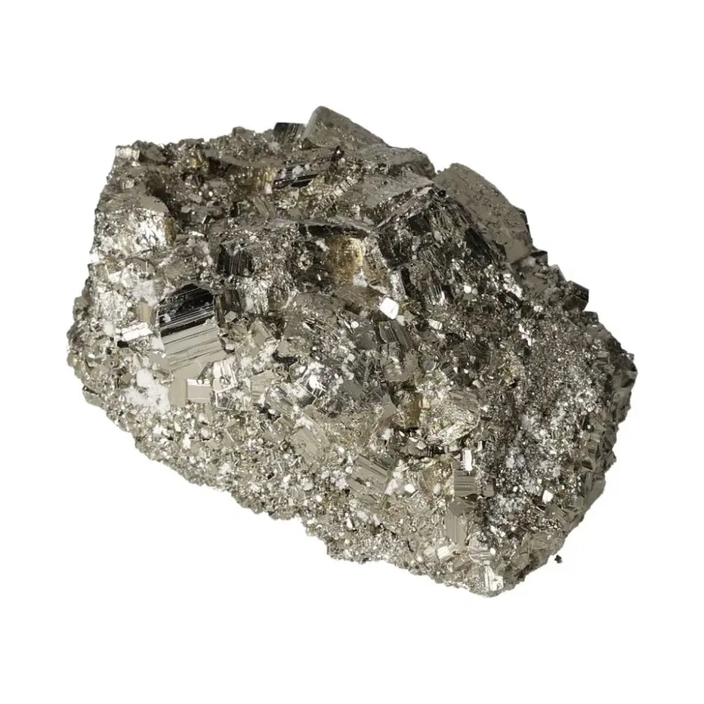 Superior quality pyrite cluster with geometric formations and metallic luster on a white background.