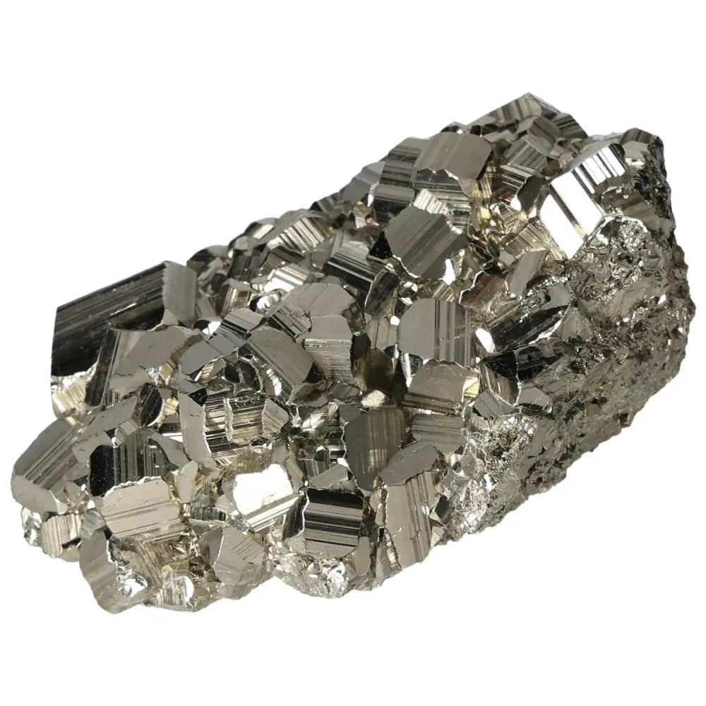 Superior Quality Pyrite Cluster displaying geometric cubic formations and metallic luster.